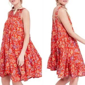 Free People Red Oh Baby Tunic Dress Small Casual Boho Swing Floral Print Cotton